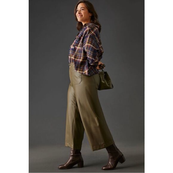 NEW Anthropologie Maeve Colette Moss Cropped Wide-Leg Faux Leather Pants Size 32 - Picture 8 of 8